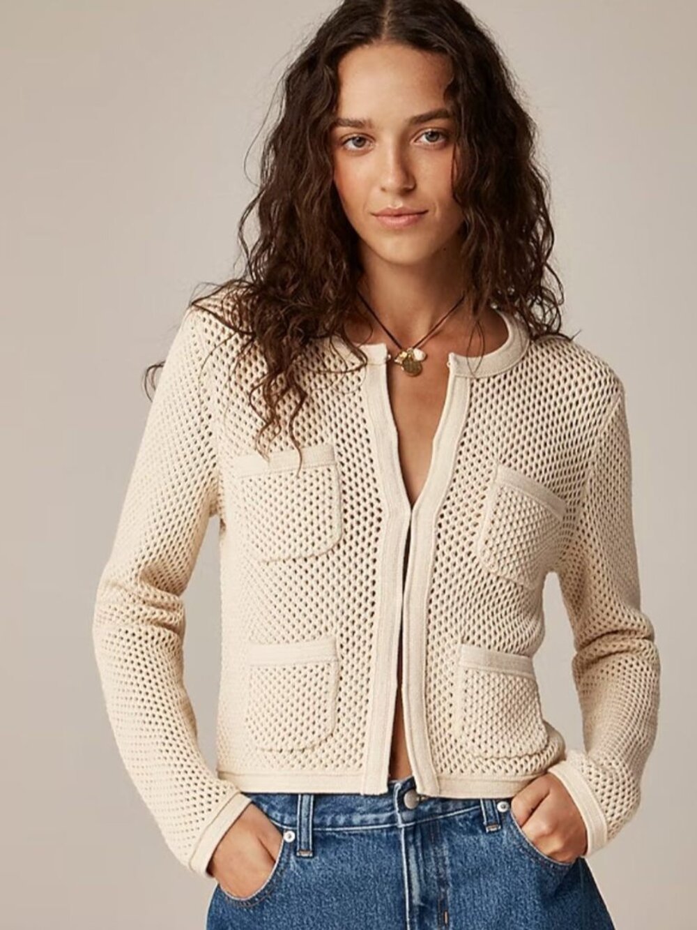 NWT J.Crew Open Pointelle-stitch Cardigan in Warm Sesame Cotton Sweater M